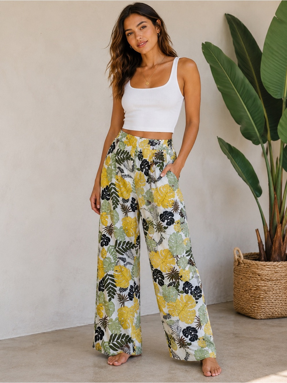 New Look Tropical Leaf Wide Leg Linen Blend Pants Small Resort